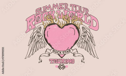 Eagle wing with heart. Rock and roll graphic print design for apparel, stickers, posters and background. Rock star design. Eagle fly vector artwork for t shirt and others.