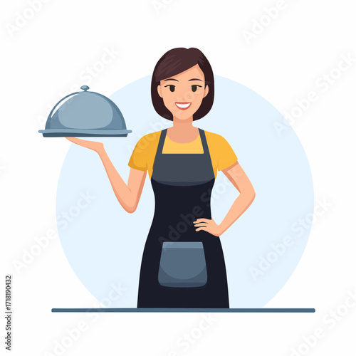 Smiling female waitress or chef in an apron holding a cloche serving dish, ready to present a meal.