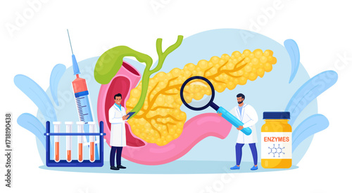 Pancreatitis concept. Gastroenterologist diagnose pancreas inflammation. Doctor examine patient. Digestive system disease treatment. Internal organs cancer