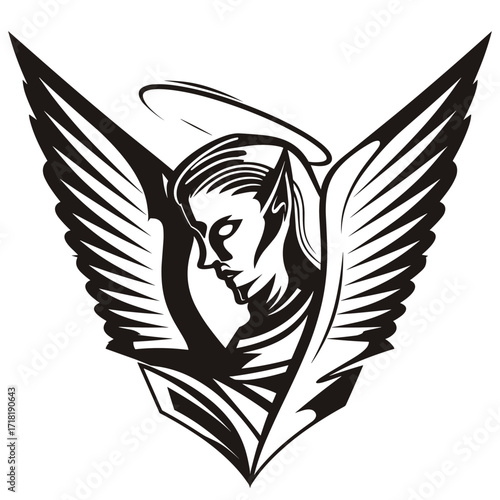 A striking black and white vector illustration of a humanoid figure with a skull-like face and large wings,
