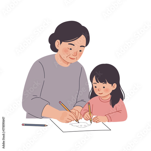 Grandmother and Granddaughter Drawing Together.