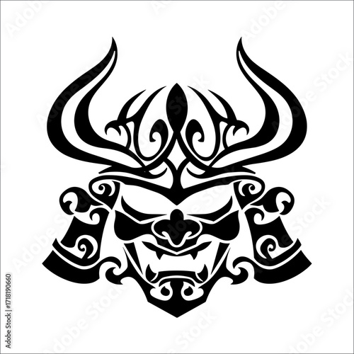A detailed vector illustration of a stylized samurai mask with intricate black and white patterns,