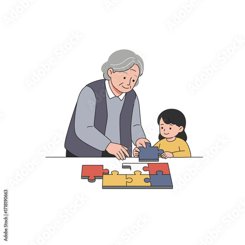 Grandmother and Grandchild Solving Puzzle Together.