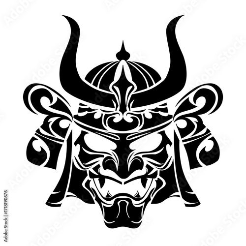 A striking Japanese samurai helmet design with bold lines and minimal shading,