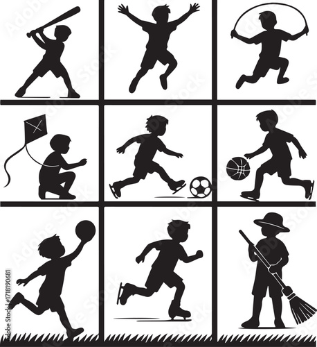 Energetic Children: A compilation of children in action, showcasing the joyous movement of outdoor play and various sport activities, emphasizing health, vitality, and the magic of youth.