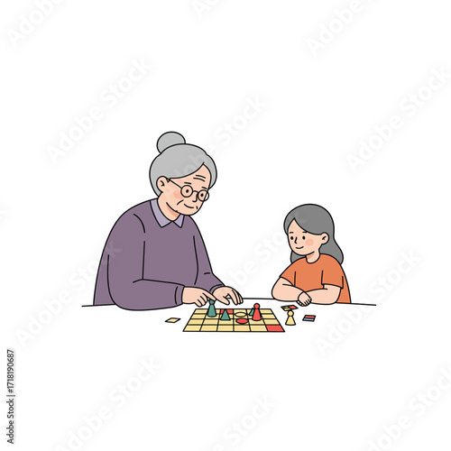 Grandmother and Granddaughter Playing Board Game.