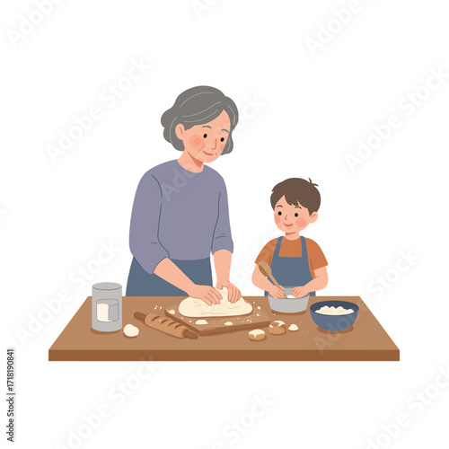 Grandmother and Grandson Baking Bread Together.