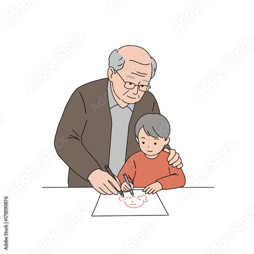 Grandfather Guiding Grandson in Drawing.