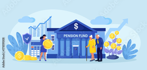 Elderly husband and wife standing near bank building, financial institute. Retirement investments in pension fund. Retirement budget development, contribution in pension account. Pensioners earnings