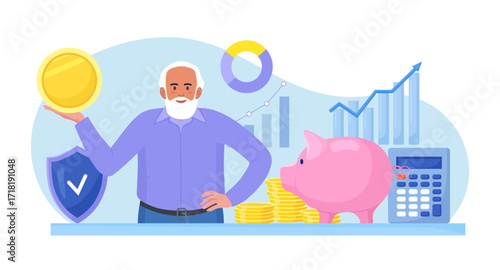 Elderly man standing near stack of money, piggy bank holding gold coin. Pensioner keeping cash in bank deposit account. Pension savings investment in retirement mutual fund. Financial saving insurance