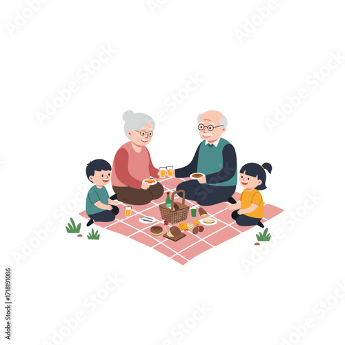 Grandparents enjoying picnic with grandchildren.