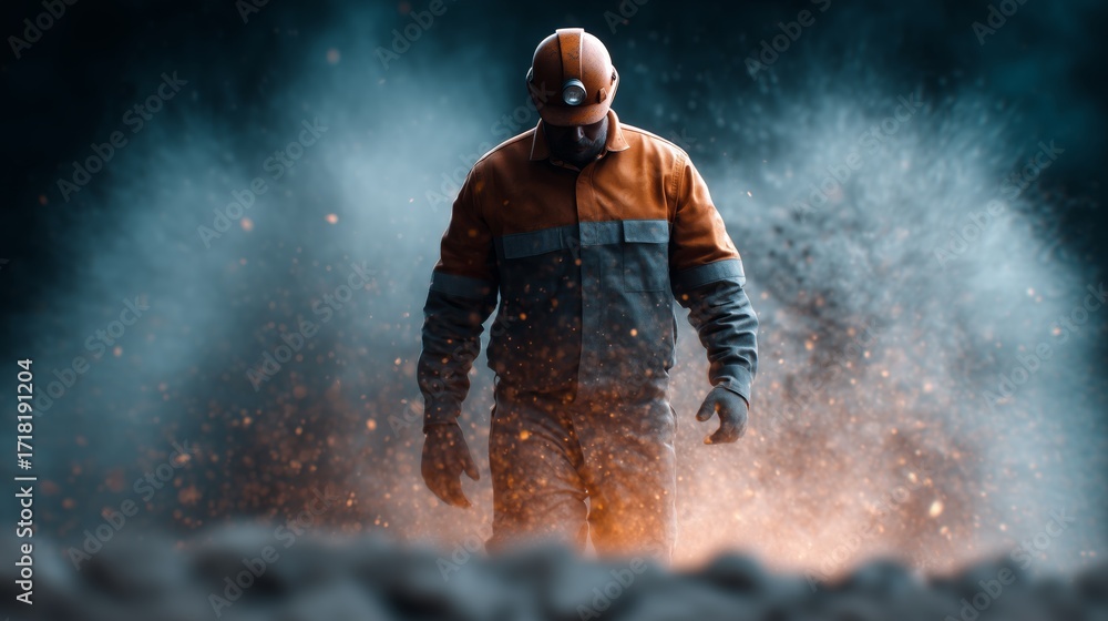 Obraz premium Coal miner works dynamically in a dark, smoky environment while extracting valuable resources