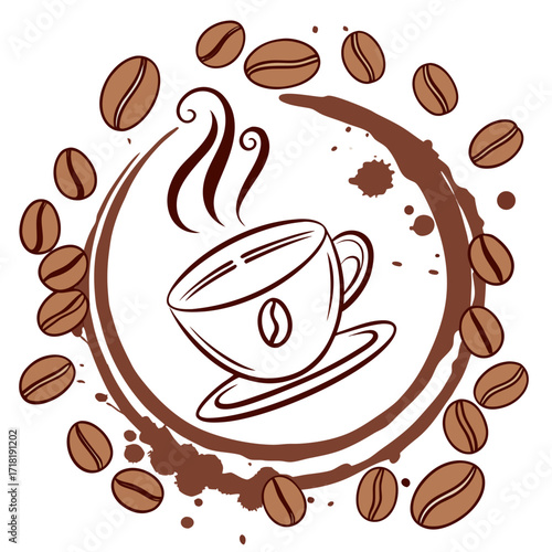 Coffee cup with coffee beans, a warm drink