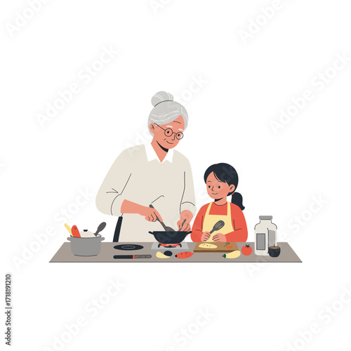 Grandmother and Grandchild Cooking Together.
