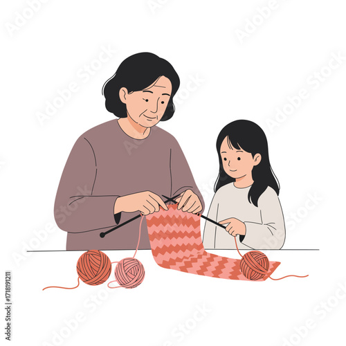 Grandmother teaching granddaughter knitting.