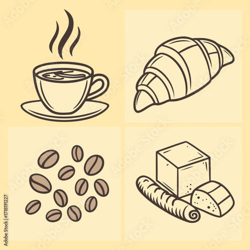 Coffee cup, croissant, beans and bread illustration