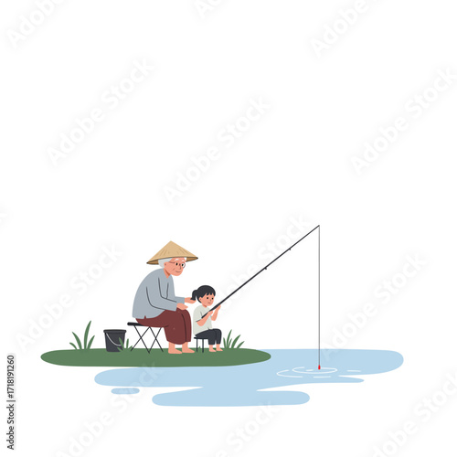 Grandfather Teaching Grandchild Fishing.