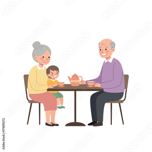 Grandparents enjoying tea time with grandchild.