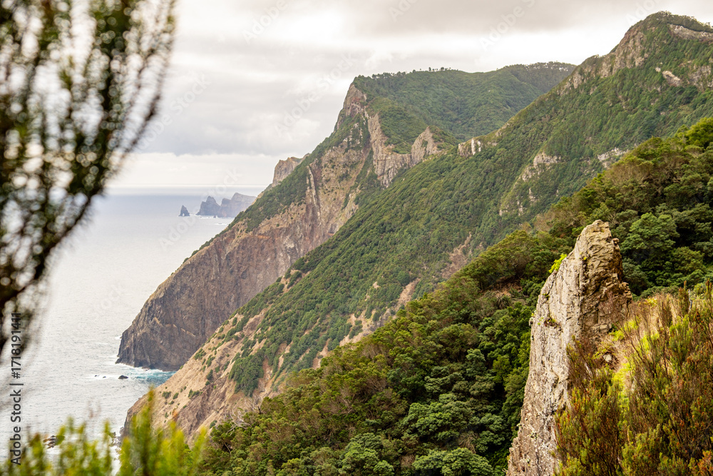 Obraz premium Lush green mountains and cliffs overlooking the ocean.