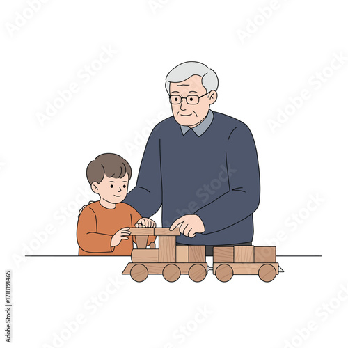 Grandfather and Grandchild Playing with Toy Train.