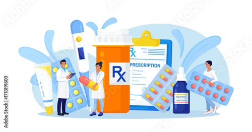 Online pharmacy store. Pharmacist in drugstore standing near medicine pills and bottles. Medical staff choosing medicaments. Medical laboratory, pharmaceutical lab with staff. Doctor care for patient