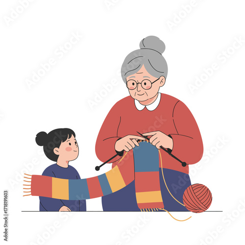 Grandmother Teaching Grandchild to Knit.