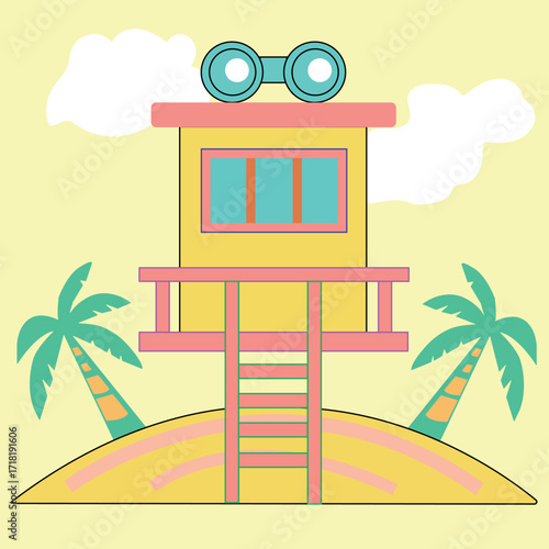 Colorful beach lifeguard tower with tropical palm trees