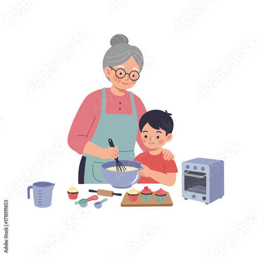 Grandmother and Grandson Baking Cupcakes Together.
