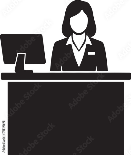Receptionist Silhouette Standing Behind Counter with Computer for Office Front Desk and Administrative Job Vector