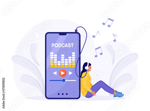 Young Woman in Headphones Sitting on Floor and Streaming to Podcast on Smartphone. Girl Listening to Online Radio with Mobile Phone.Online Podcasting Show, Webinar, Training, Tutorial Podcast