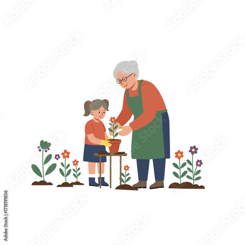 Grandmother and Grandchild Planting Flowers.