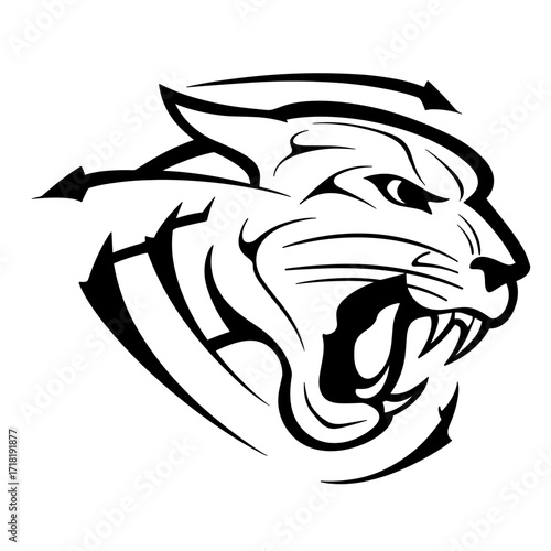 A stylized black and white illustration of a roaring tiger's face with strong lines, minimal shading, sharp teeth,
