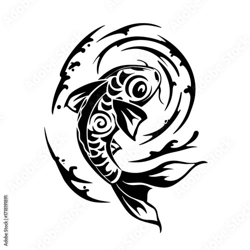 A black and white vector illustration of a majestic fish with intricate swirling patterns,