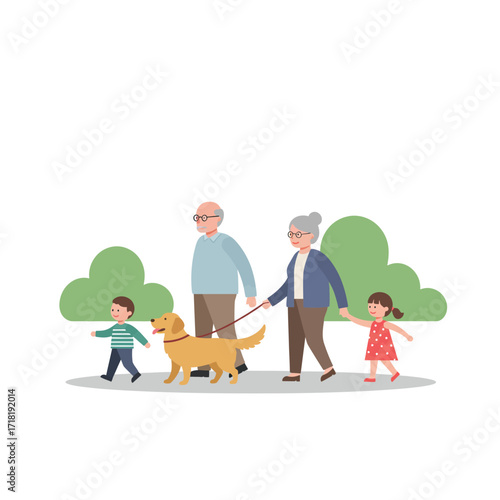 Grandparents Walking Dog with Grandchildren in Park.