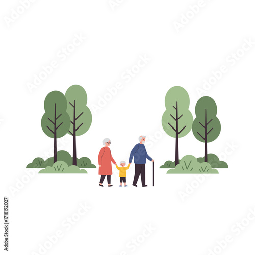 Grandparents Walking with Grandchild in Park.