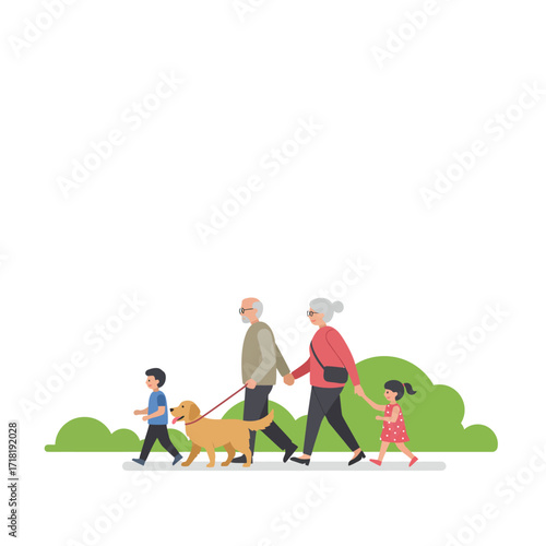 Grandparents Walking with Grandchildren and Dog.