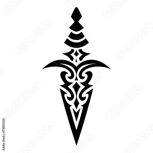 A monochrome ceremonial dagger with intricate tribal and symmetrical line art, high contrast, sharp straight blade,