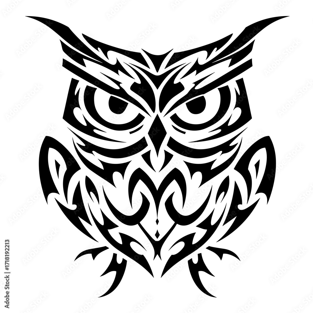 Fototapeta premium Intricate tribal owl tattoo design with bold lines and minimal shading,