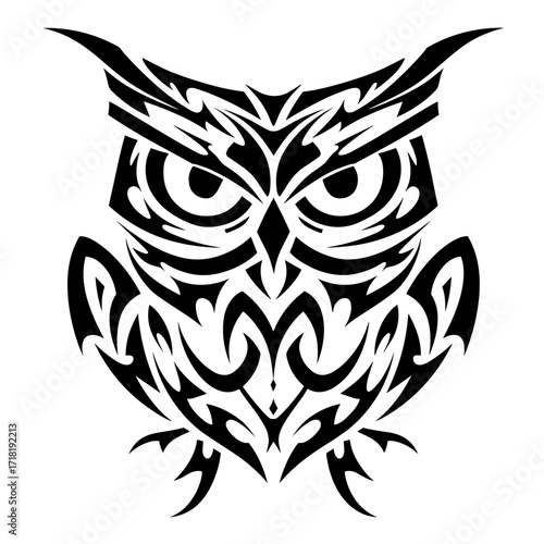 Intricate tribal owl tattoo design with bold lines and minimal shading,
