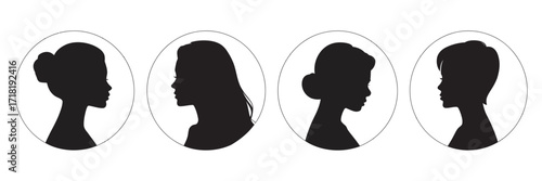 Four diverse female silhouettes in profile, showcasing different hairstyles and features against a white background