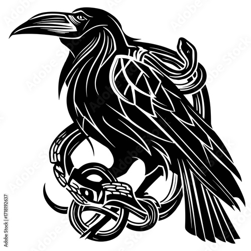 A highly detailed black and white vector illustration of a raven with bold, high-contrast lines,