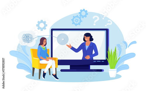 Online psychology. Psychologist doctor helps patient to unravel tangled thoughts. Psychological problems, mental disorder, treatment of stress, addictions. Psychotherapy counseling