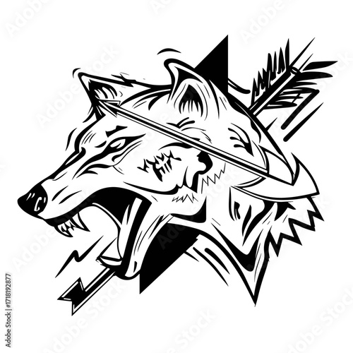 A bold tribal wolf tattoo design with an arrow, featuring fierce expression, piercing eyes, and sharp teeth,