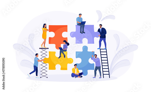 Tiny people connecting puzzle pieces trying to find a solution together. Effective workflow. Teamwork, cooperation, partnership and collaboration. Business concept