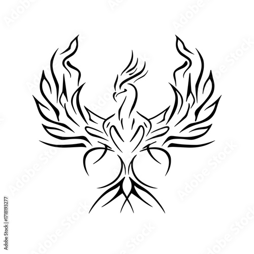 A majestic phoenix with outstretched wings in a minimalist black and white vector illustration,
