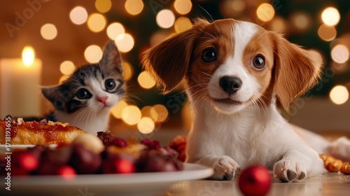 Dogs and Cats Sitting Around a Holiday Meal Table Generative AI. Festive animal gathering image canine feline companionship during yuletide dinner creating heartwarming