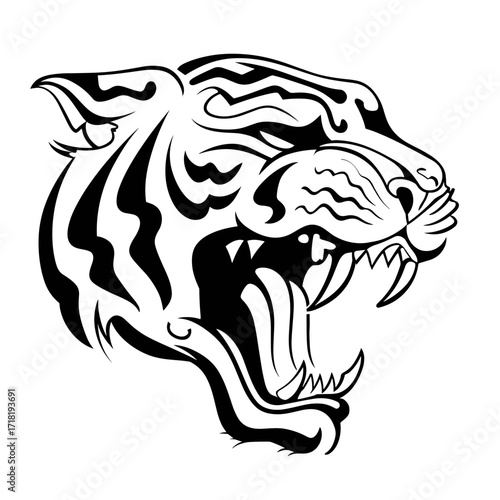 A striking line art illustration of a roaring tiger's head with bold black lines, intricate patterns,