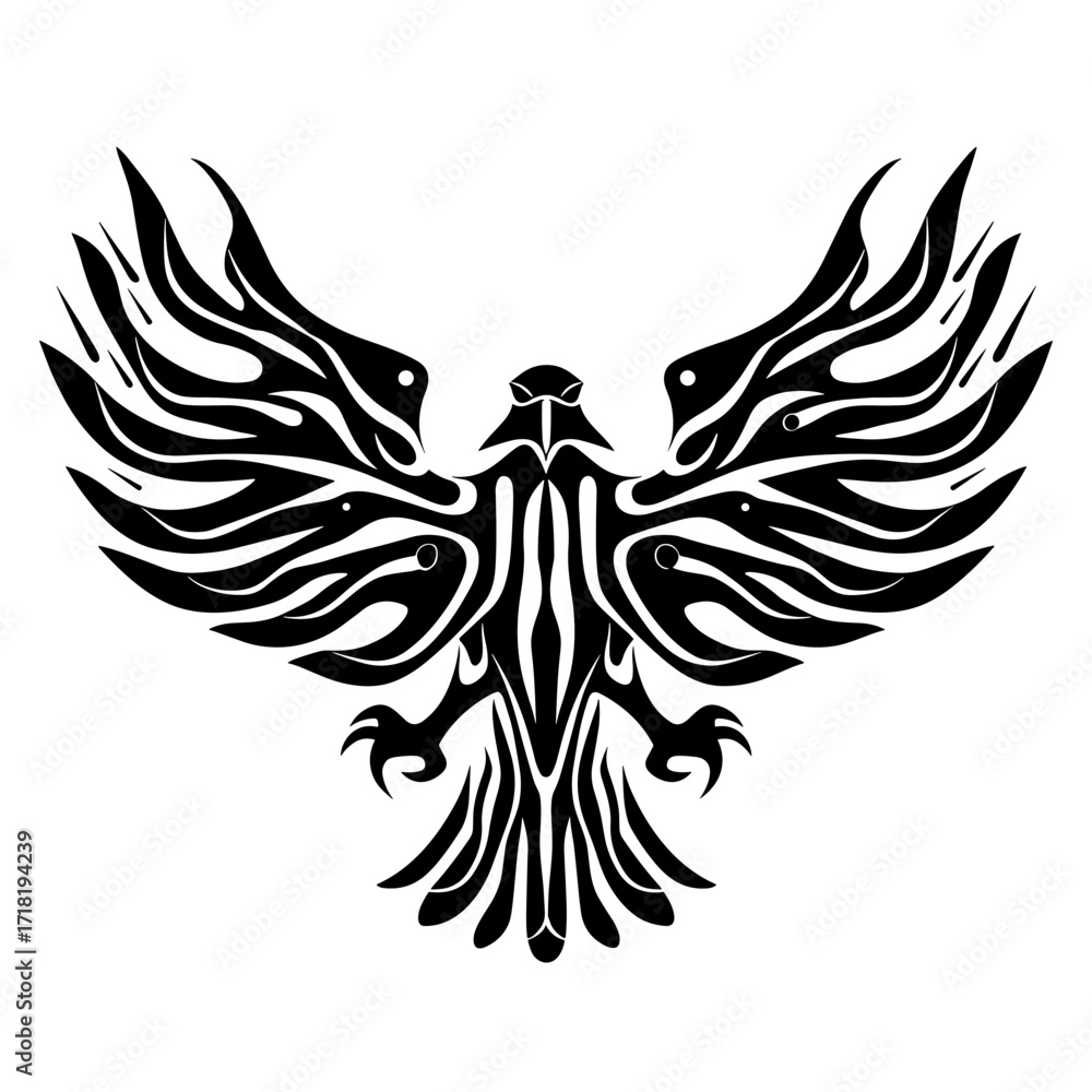 Fototapeta premium A stylized black and white illustration of an eagle with bold linework, intricate feather patterns, and minimal shading,