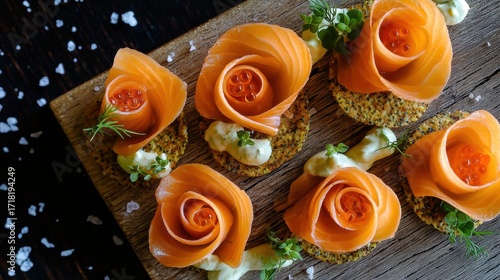 Nordic seafood presentation featuring premium cured salmon roses with caviar on artisan seed crackers garnished with microgreens and cream cheese on rustic wooden board