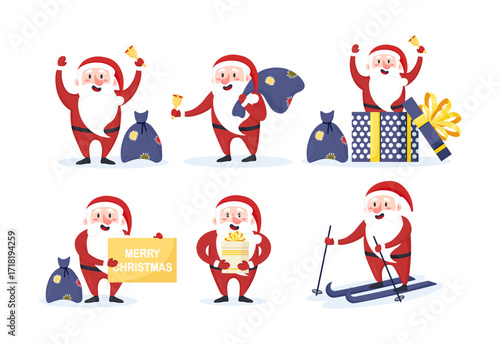 Set of Santa Claus ringing a bell with sack with gifts, presents on back. Grandfather skiing and hurry to christmas holiday with surprises for children. Merry Christmas and Happy New Year